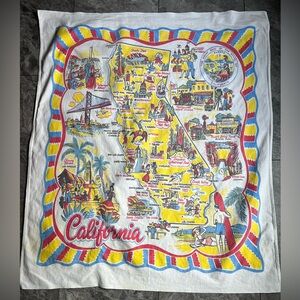 Vintage California Souvenir Map tablecloth red and Yellow Cotton 36” x 31”